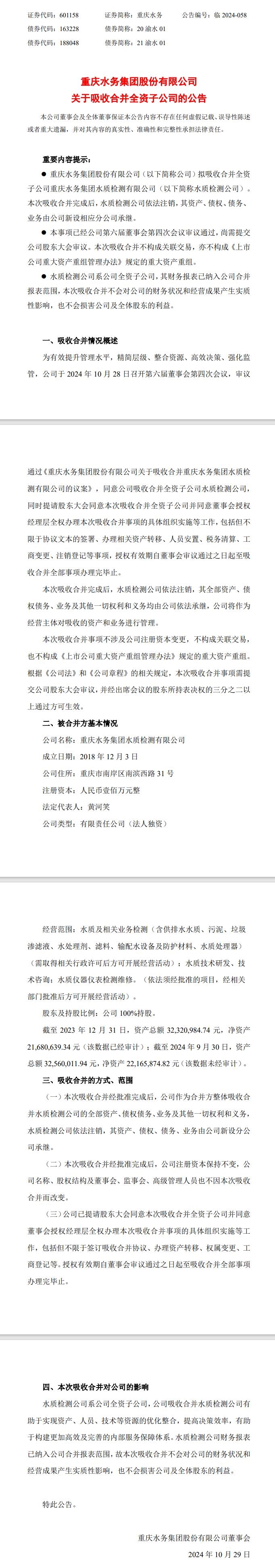 重慶水務(wù)吸收合并水質(zhì)檢測子公司
