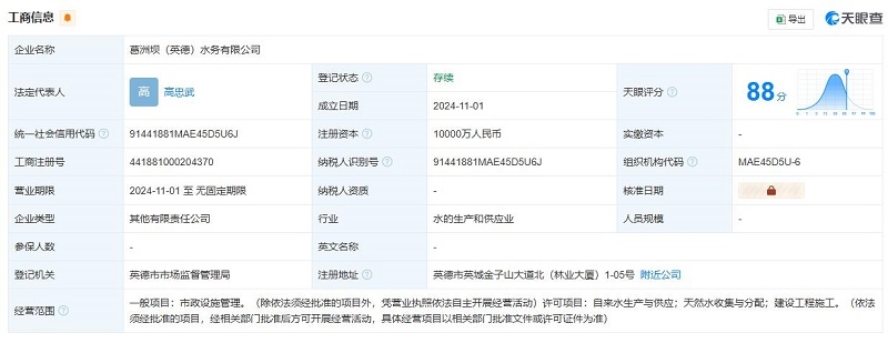 葛洲壩集團等在英德市成立水務公司，注冊資本1億