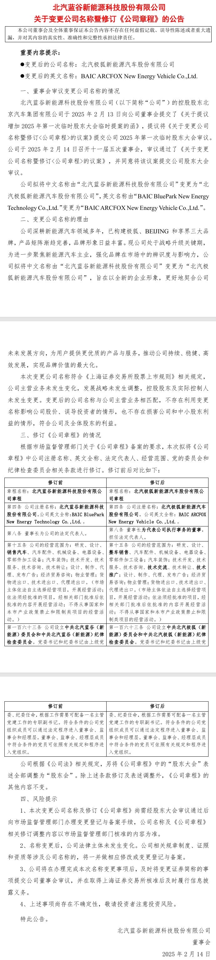北汽藍(lán)谷：擬更名為北汽極狐新能源汽車股份有限公司