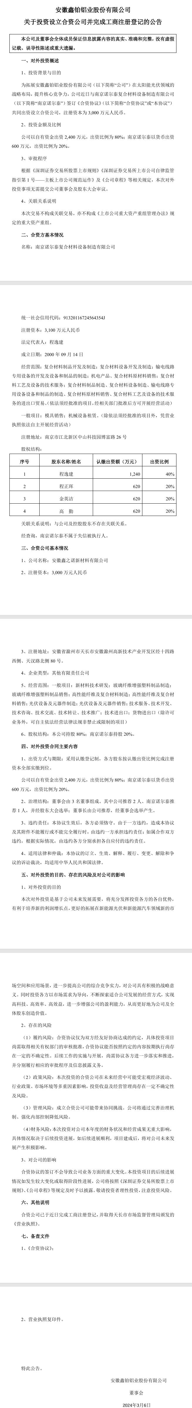 鑫鉑股份：為拓展太陽(yáng)能光伏領(lǐng)域的戰(zhàn)略布局設(shè)立合資公司，出資2400萬(wàn)元