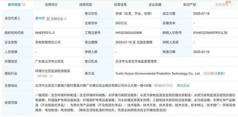 惠云鈦業(yè)等成立環(huán)?？萍夹鹿? width=