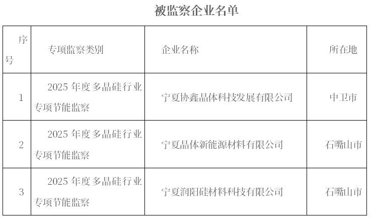 寧夏開展2025年度多晶硅行業(yè)專項節(jié)能監(jiān)察工作