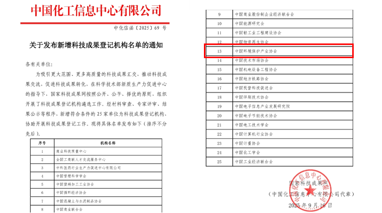 中國環(huán)境保護產(chǎn)業(yè)協(xié)會成為國家科技成果登記機構(gòu)！